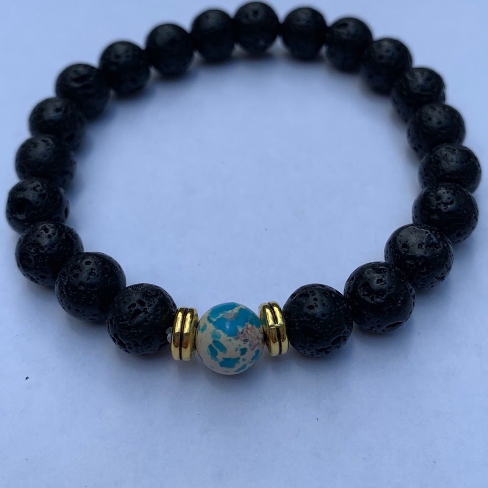 Black Lava Stone Bead Bracelet w Teal Marble